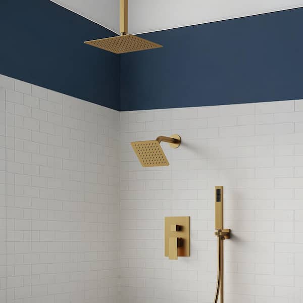 10&6 in. Dual Square Shower Heads Double Handle 3-Spray Tub and Shower Faucet 2.5 GPM in. Brushed Gold Valve Included