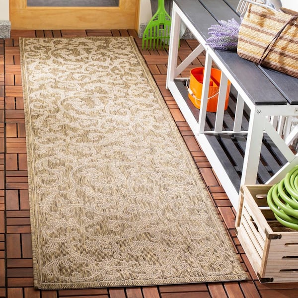 Courtyard Brown/Natural 2 ft. x 8 ft. Border Indoor/Outdoor Patio  Runner Rug