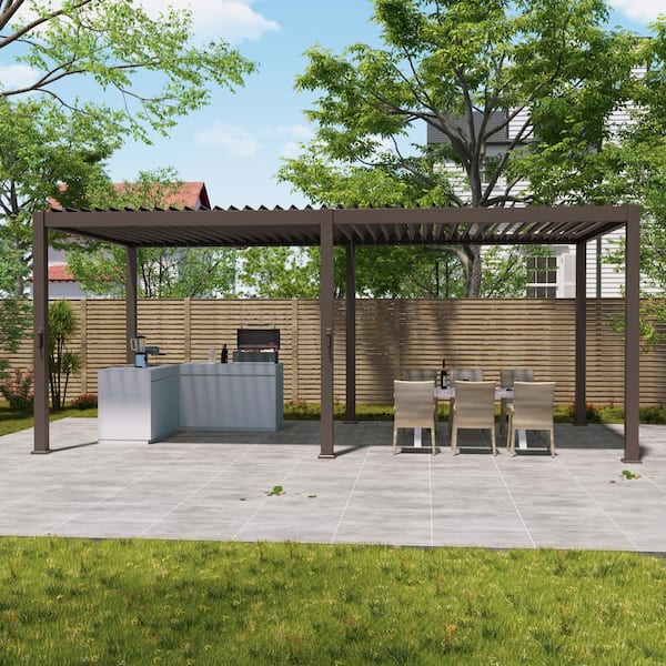 10 ft. x 20 ft. Outdoor Patio Adjustable Metal Pergola with Louvers, Durable and Modern Design, Brown