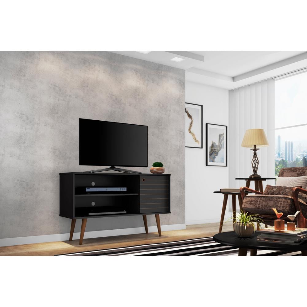 Black Mid-Century Modern TV Stand with Cabinet and Shelves