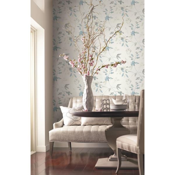 Spa Blue Linden Flower Non Woven Preium Peel and Stick Wallpaper Approximate 34.2 sq. ft.