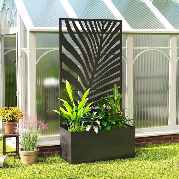 Outsunny 71 in. Black Metal Planter Box with Trellis Privacy