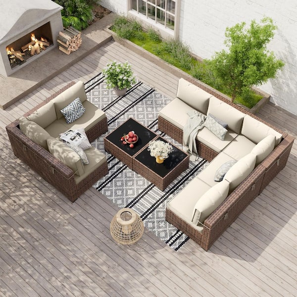 10-Piece Wicker Patio Sectional Conversation Sets With 2 Coffee Table and Cream Cushions