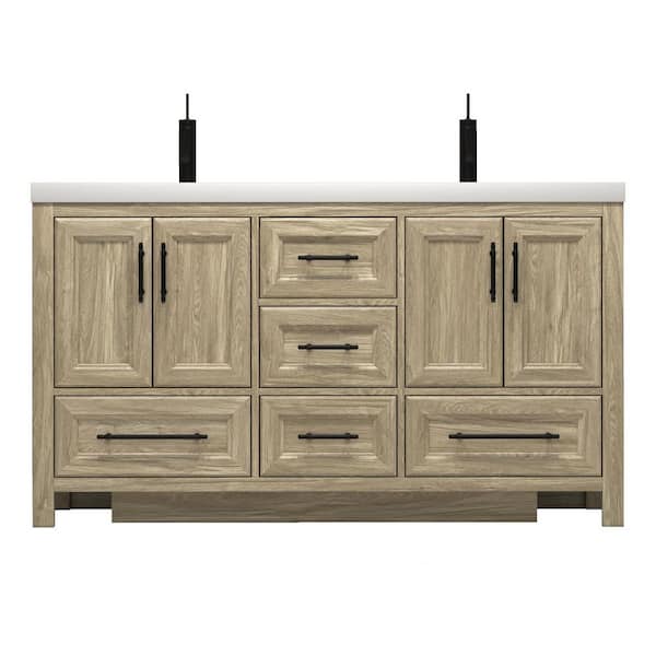 VIV 59 in. W x 20 in. D x 35 in. H Double Sink Freestanding Bath Vanity in Dark French Oak with White Acrylic Top