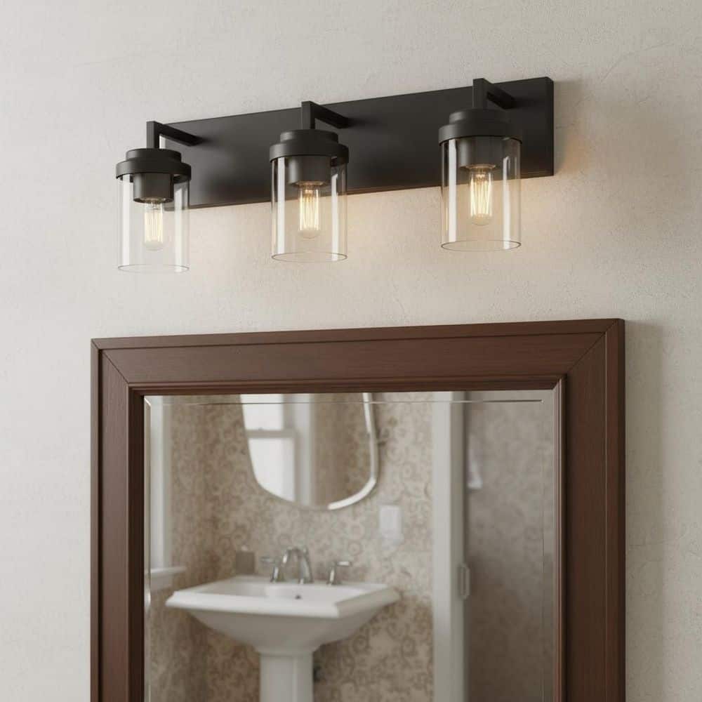 18 in. 3-Light Black Modern Vanity Light, Industrial Bathroom Wall Sconce with Clear Glass Shades Over Mirror price history on PriceWatchPro