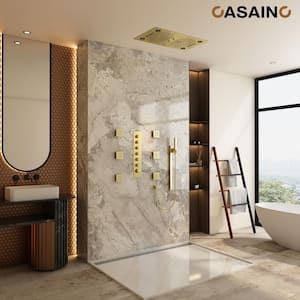 6-Spray Ceiling Mount Thermostatic Fixed Handheld Shower Head 3 Functions Shower Faucet 2.5 GPM in Brushed Gold