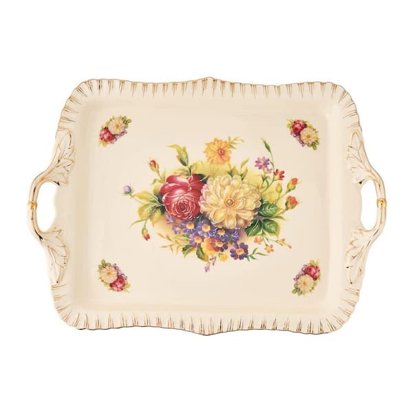 Gold Platters Ivory Porcelain Serving Tray with Flowering Shrubs and Leaf Design for Tea Party 15 x 11 in. Tray