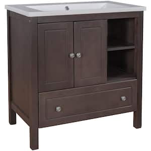 30 in. W x 18. in D. x 32 in. H Solid Frame Bath Vanity in Brown with White Ceramic Top and Basin