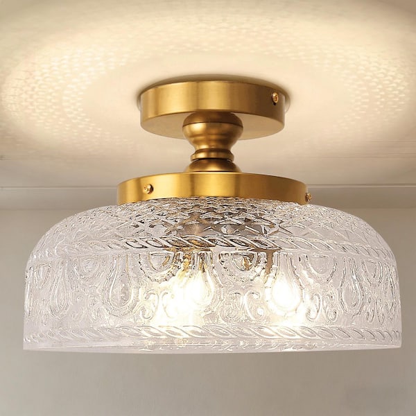 12 in. 3-Light Gold Bowl Glass Semi Flush Mount Ceiling Light for Bedroom, Kitchen, Hallway, Porch