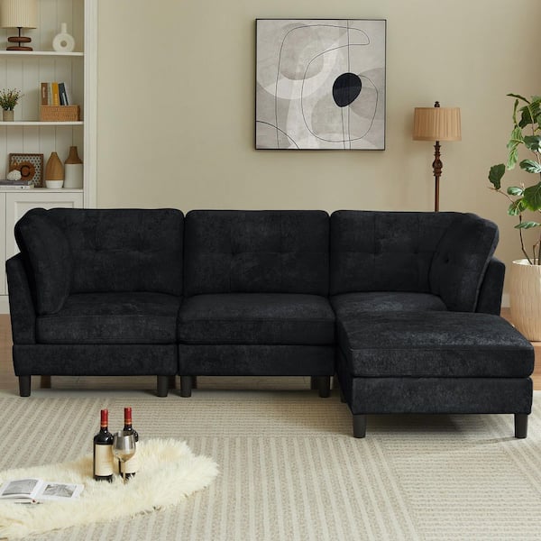 99.41 in. W Straight Arms 3-Seat L-Shaped Chenille Modern Sectional Sofa in Black with Ottoman