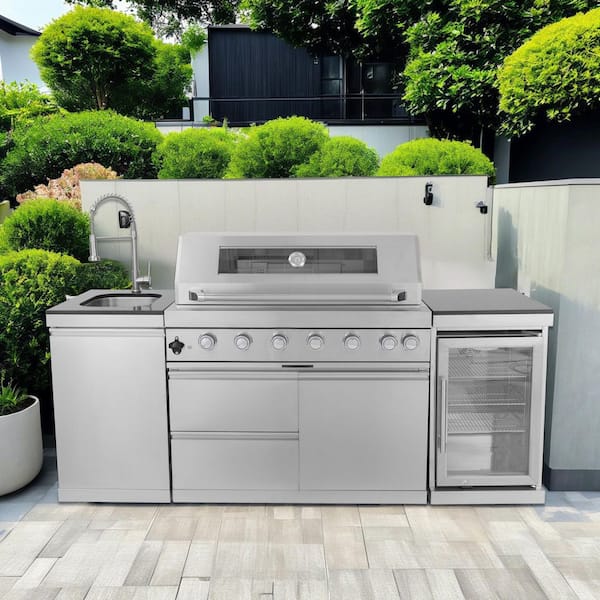 Deluxe 6-Burner 85000BTU Propane Grill Island 44 in. Stainless Steel Rotisserie, Refrigerator, Sink Cabinet, Gray
