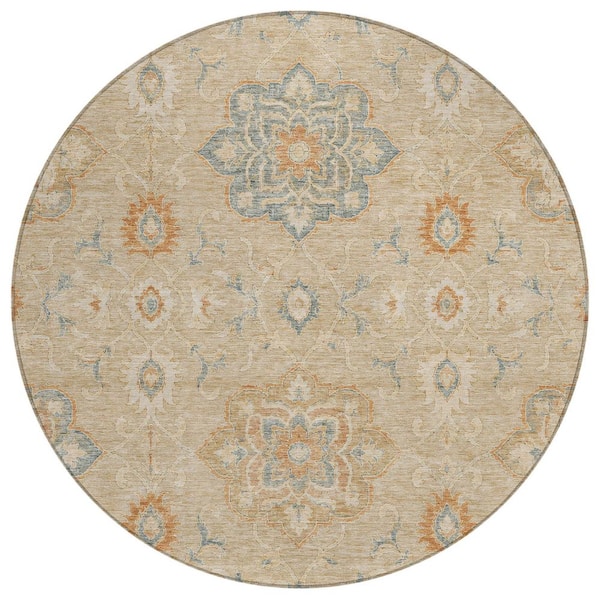 Chantille Machine Washable Indoor/Outdoor Abstract ACN3077 Flax 8 ft. x 8 ft. Round Rug