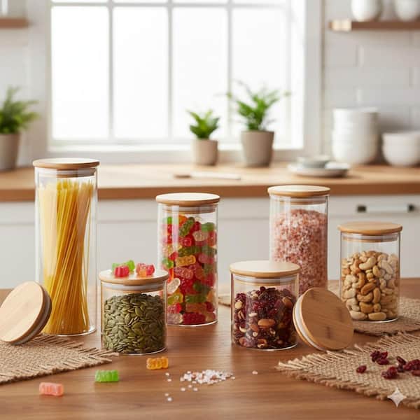 7-Piece Thicker Glass Food Storage Jars Set with Airtight Bamboo Lids for Kitchen Pantry Organization BPA Free