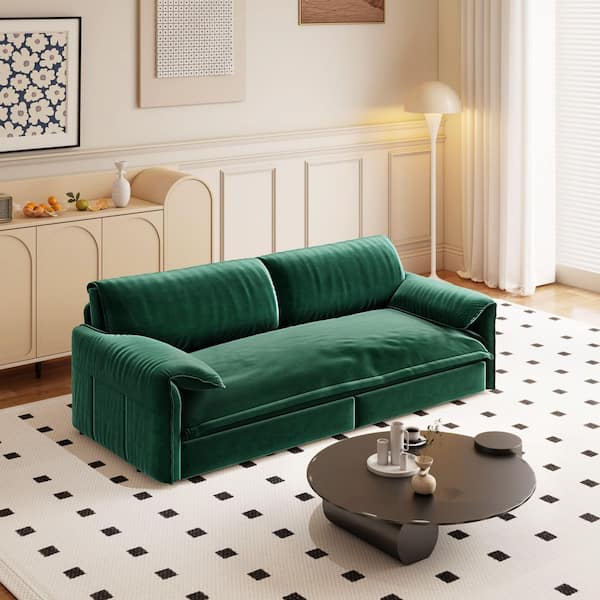 Hadden 66 in. Green Velvet Upholstery Queen Size 3 in 1 Convertible Sofa Bed with Side Storage
