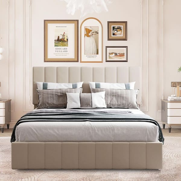 SUNRINX Beige Frame Queen Platform Bed Upholstered with a Hydraulic Storage System