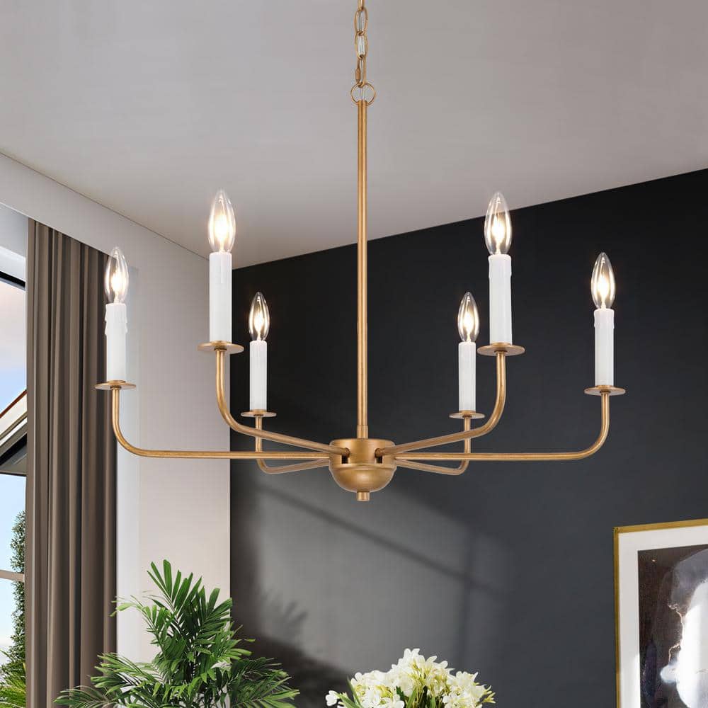 Uolfin Mid-Century Candlestick Dining Room Chandelier 6-Light Antique Gold Rustic Chandelier with Art Lamp Holders 17QNMIHD23698IY