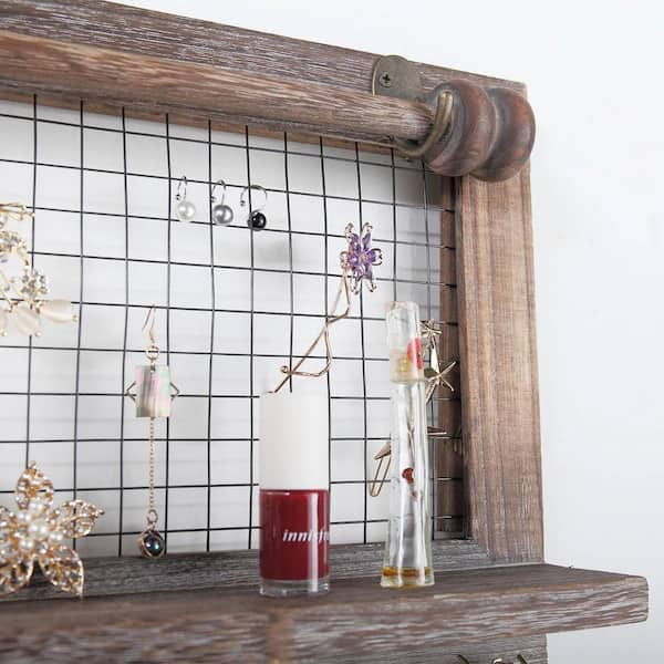 Rustic Wooden Wall Mount Jewelry Organizer with Removable Hanging Rod and  Storage Shelf for Earrings, Bracelets, Necklaces and Accessories, Jewelry