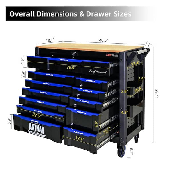 41 in. 12-Drawer Heavy-Duty Rolling Tool Cabinet Workbench with Solid Wood Top and Side Storage Bins