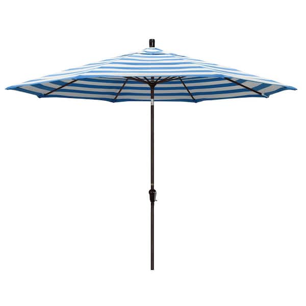 11 ft. Bronze Aluminum Market Patio Umbrella with Aluminum Ribs Auto Tilt Crank Lift in Cabana Regatta Sunbrella
