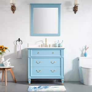 36 in. W x 22 in. D x 35 in. H Single Sink Solid Wood Bath Vanity in Classic Blue with Stain-Resistant Quartz Top,Mirror