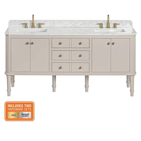 Collette 72 in. Double Sink Greige Bath Vanity with Carrara White Marble Top (Assembled)