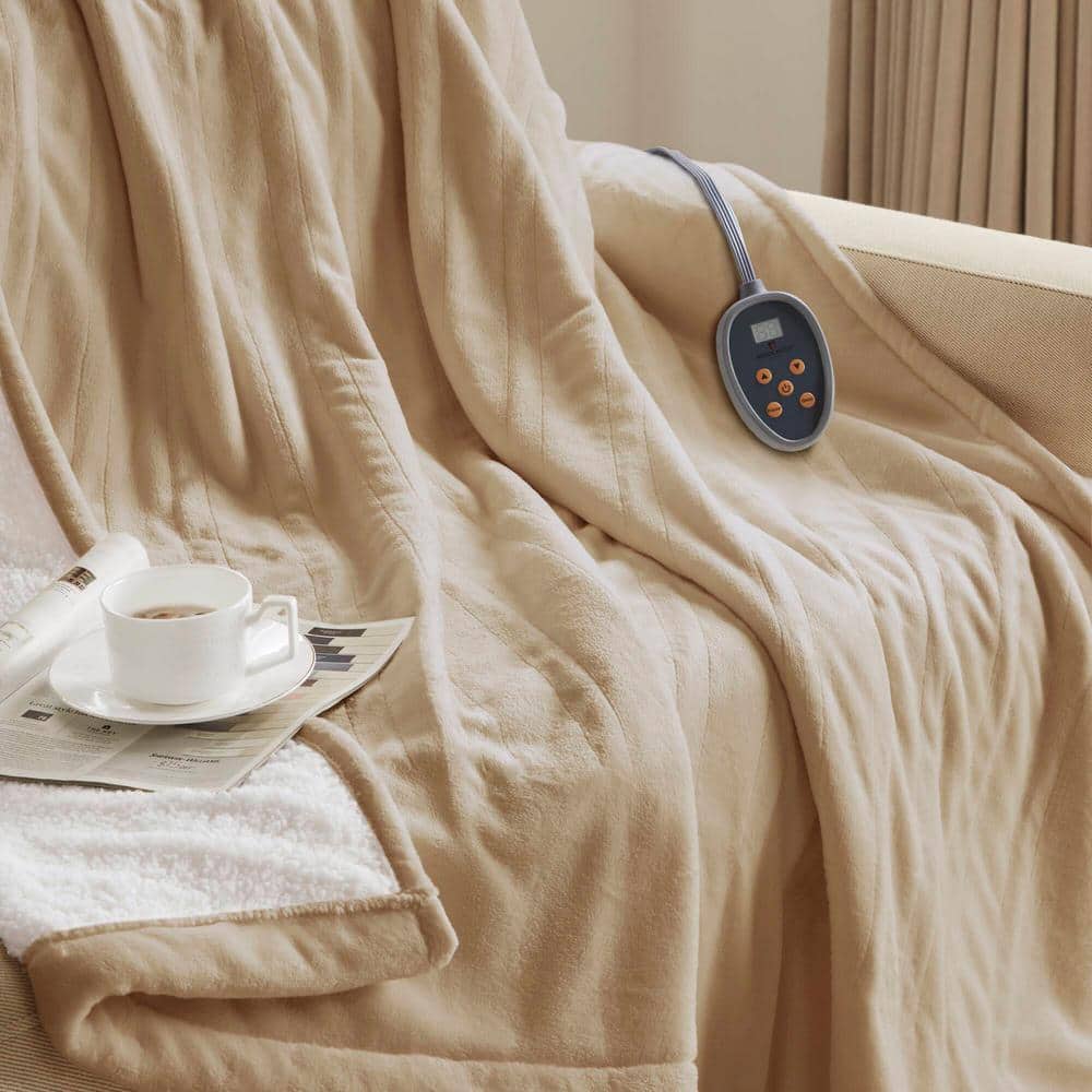 Queen Tan Sherpa Knitted Reversible Heated Blanket
