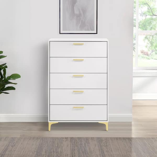 Benjara 15.75 in. White and Gold 5-Drawer Wooden Tall Dresser Chest of Drawers