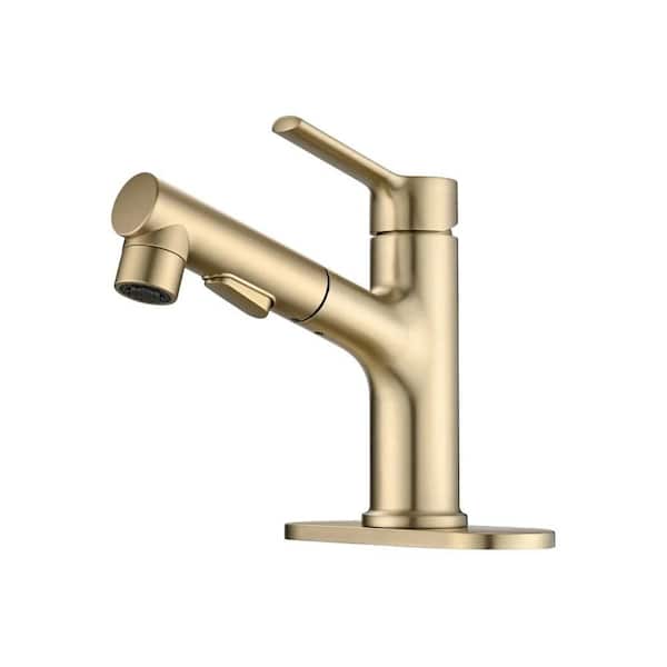 Single Handle Single Hole Bathroom Faucet with Pull-Out Sprayer, 360° Swivel, Pop-Up Drain & Deck Plate in Brushed Gold