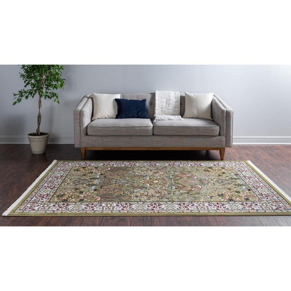 Green Rectangular Persian-Style Stain-Resistant Area Rug