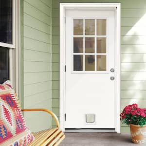 32 in. x 80 in. Reliant Series Clear 9 Lite RHOS White Primed Fiberglass Prehung Front Door with Small Cat Door