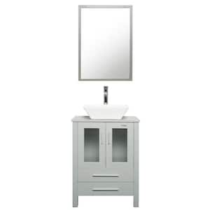 24 in. W x 20 in. D x 32 in. H Single Sink Bath Vanity in Gray with Ceramic Vessel Sink Top Chrome Faucet and Mirror