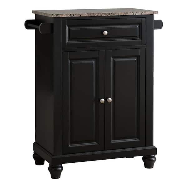 Kings Brand Furniture Black with Marble Finish Top Storage Kitchen Island with 2 Towel Bars