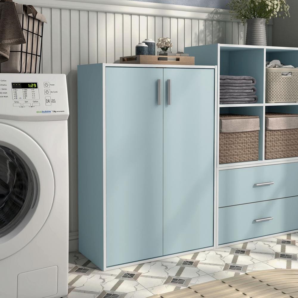 Light Blue Stackable Wood Kids Cabinet with Doors