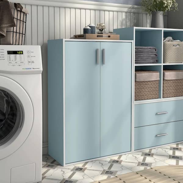 Furniture of America Quincy 35.2 in. Tall Stackable Light Blue Engineered Wood 3-Shelf Modern Modular Cabinet Bookcase with 2-Doors