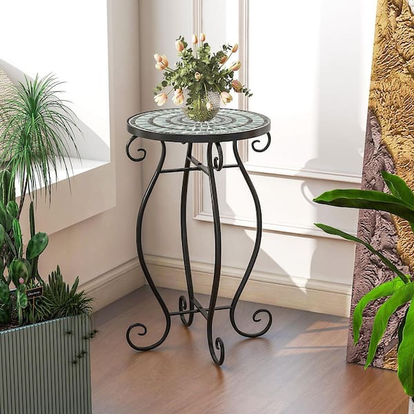 Mosaic Round Outdoor Side Table End Table with Weather Resistant Ceramic Tile Tabletop