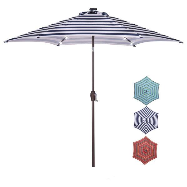 Unbranded SERGA 8.7 ft. Market Patio Umbrella LED with Tilt and Crank Blue White Stripes