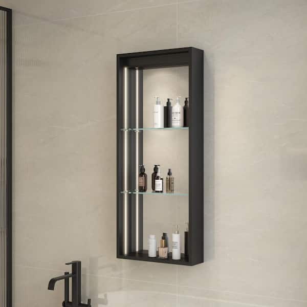 FAMYYT 16 in. W x 40 in. H x 4.4 in. D Aluminum Alloy Shower Niche in Matte Black with LED Sensor Light and Adjustable Shelves