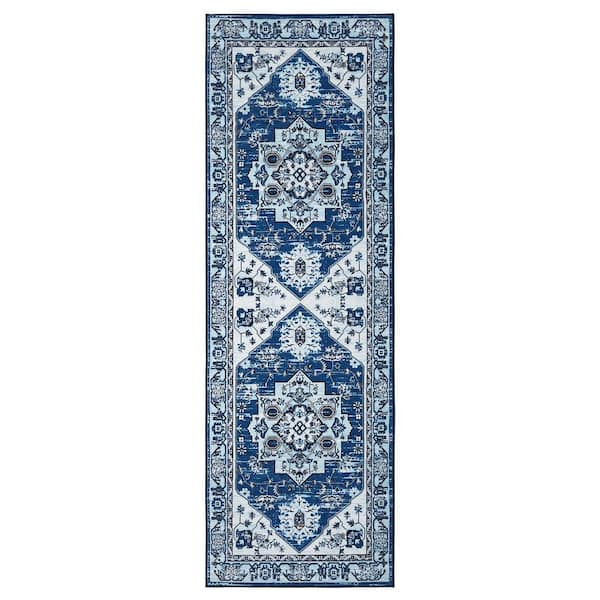 Garvee Navy 2 ft. x 6 ft. Washable Floral Persian Runner Area Rug