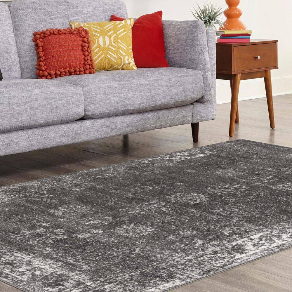 Dark Gray Floral Motif Low Pile Area Rug