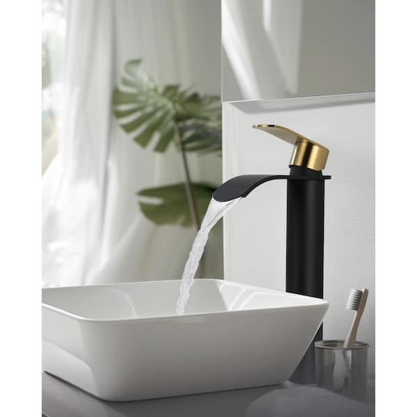Modern Single Handle High-Arc Single Hole Bathroom Faucet with Pop Up Drain Included and Waterfall in Black and Gold