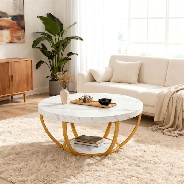 31.7 in. Modern White Round Wood Coffee Table with Storage, 2-Tier Small Faux Marble Center Table for Living Room