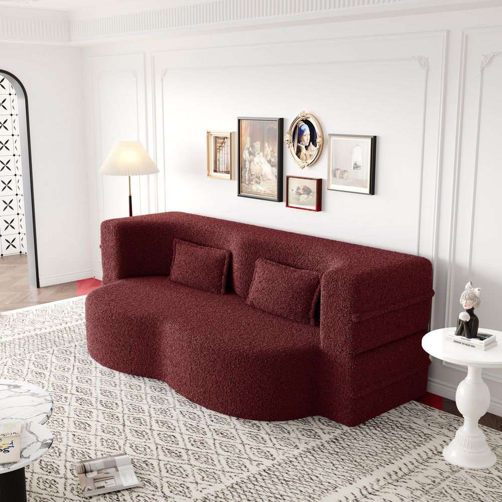 Convertible 78 in. Burgundy Teddy Fabric Full Size Foam-Filled Sofa Bed with 2 Pillows, No Assembly Required price history on PriceWatchPro