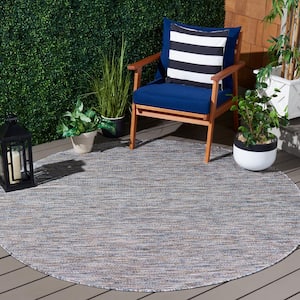 Courtyard Ivory Blue/Beige 7 ft. Round Dotted Diamond Indoor/Outdoor Area Rug