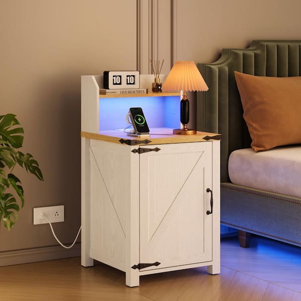 Antique White Side Table, Nightstand with Charging Station, Barn Door Design, Adjustable Shelf, for Bedroom