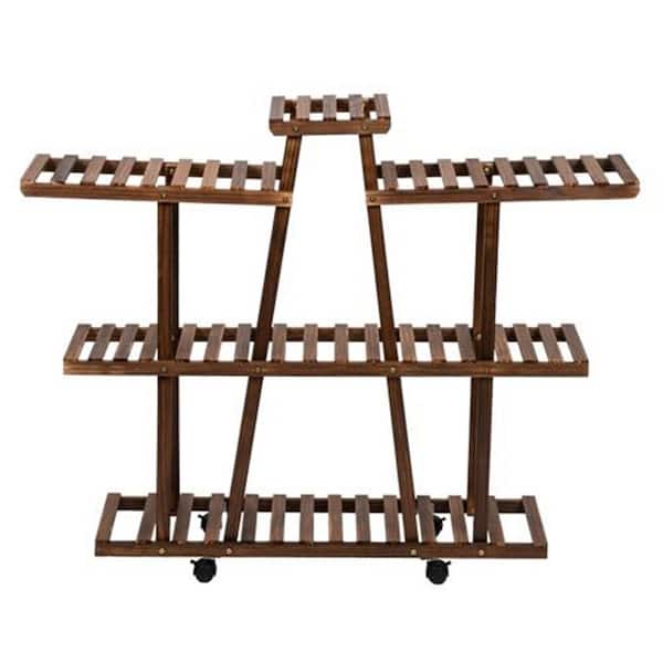 Karl home 37 in. H 4-Tier Outdoor Multi-Functional Wood Plant Stand with Wheels