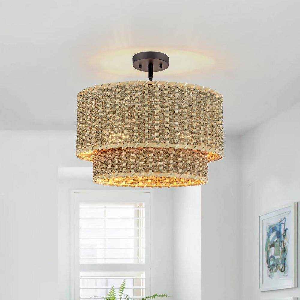 Matte Black 2-Light Adjustable Rattan Drum Chandelier