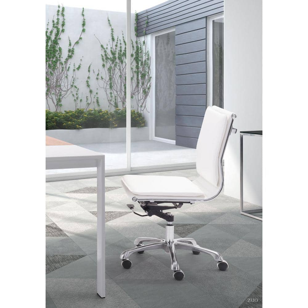 Gray Leather Armless Swivel Desk Chair with Metal Frame