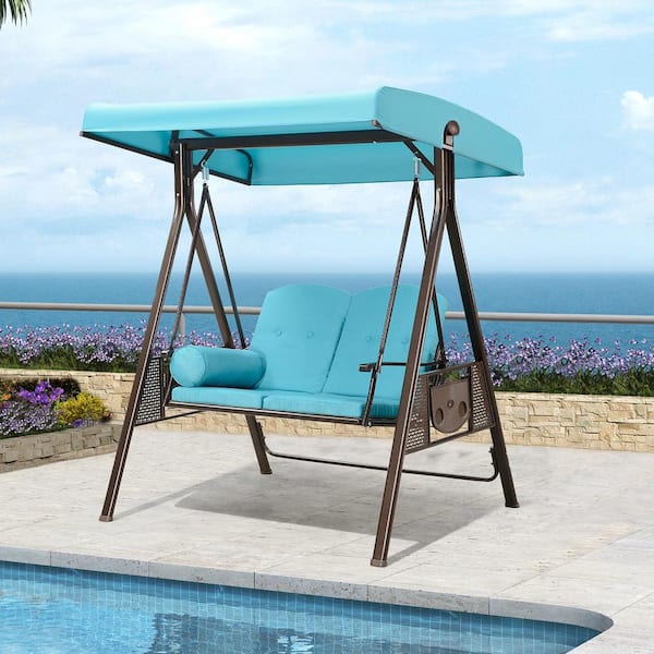 PURPLE LEAF 2-Person Steel Metal Patio Swing with Foldable Side Table, Canopy and Cushions, Turquoise Blue