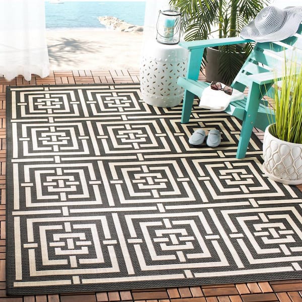 Courtyard Black/Bone Doormat 3 ft. x 5 ft. Geometric Indoor/Outdoor Patio Area Rug