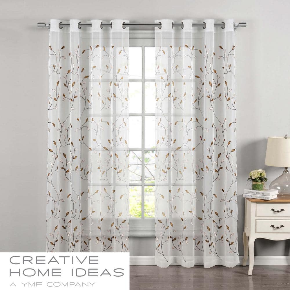 Window Elements Wavy Leaves 54 in. W x 96 in. L Faux Linen Sheer Grommet Window  Panel in Brown YMC014955 - The Home Depot